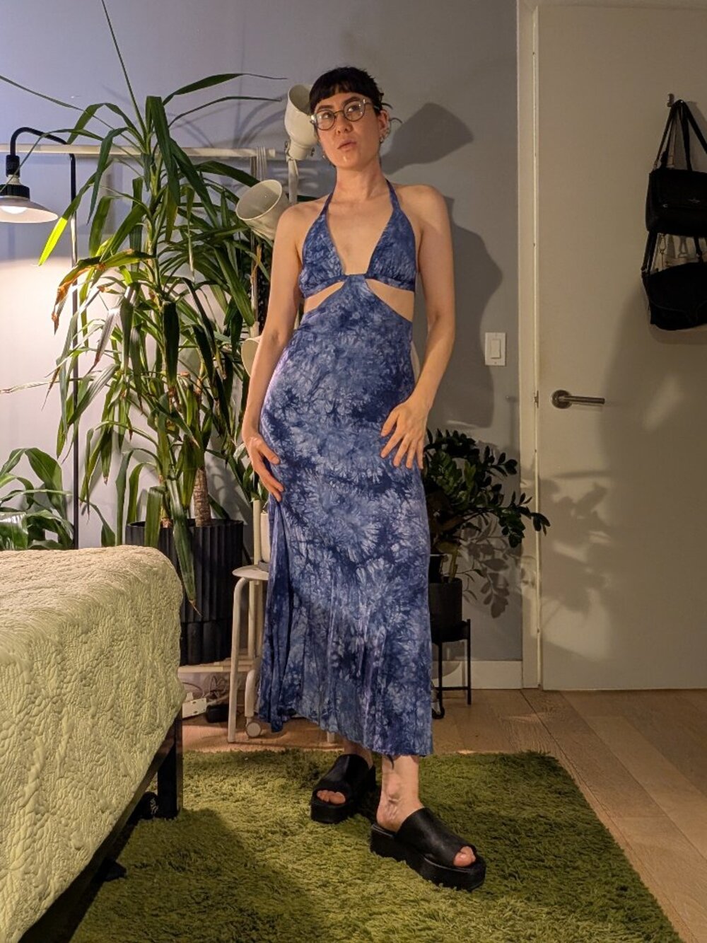 RAGA blue tie dye halter dress with bikini style top, size XS